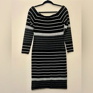 Eliza J Sweater Dress Medium Black White And Gray Striped Boat Neck